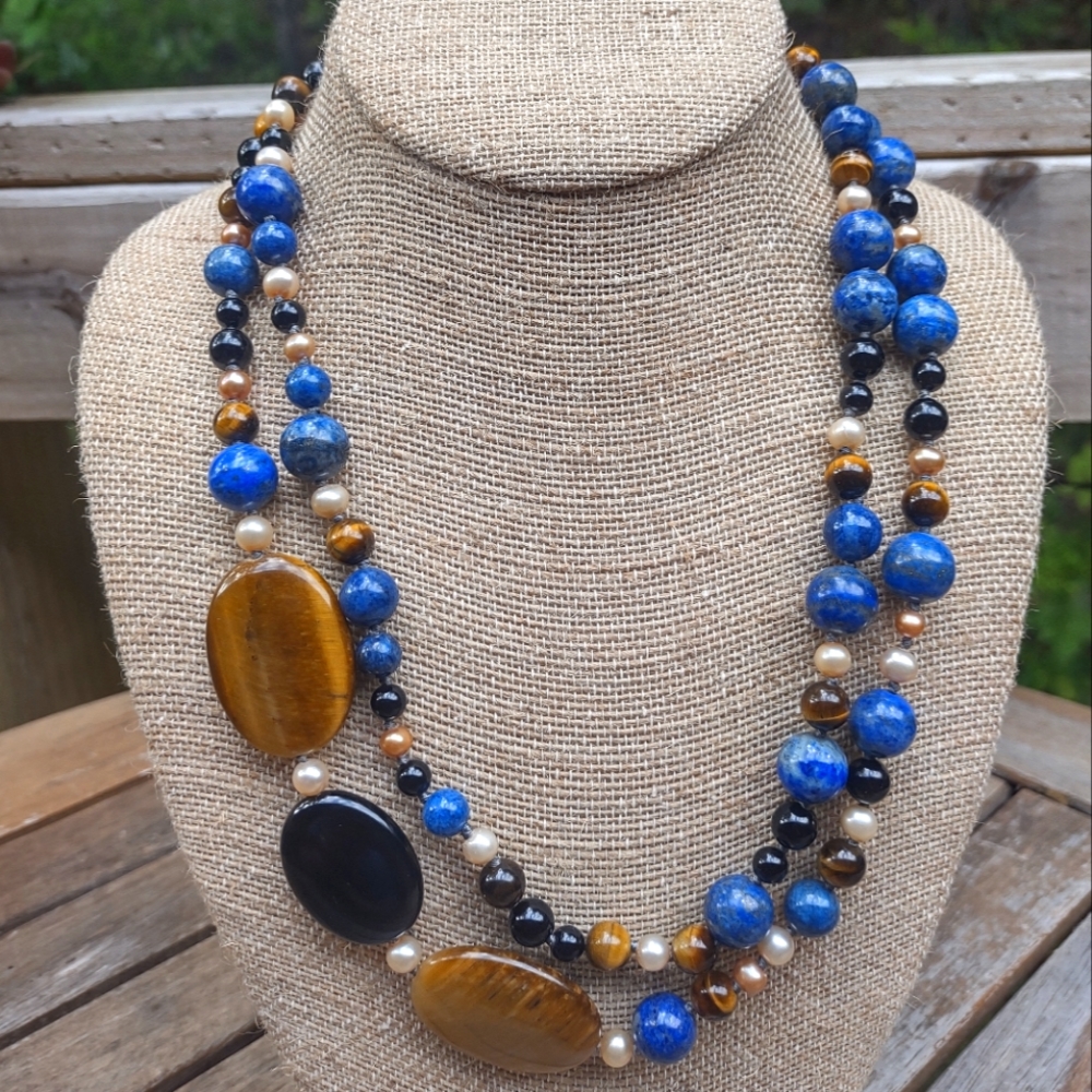 Lapis, tiger's eye, pearl, onyx & sterling knotted asymmetrical double necklace